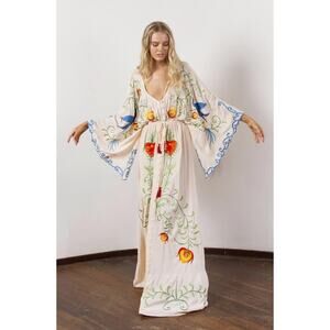 Boho White Long Embroidery Floral V-Neck Summer Beach Maxi Dress Medium